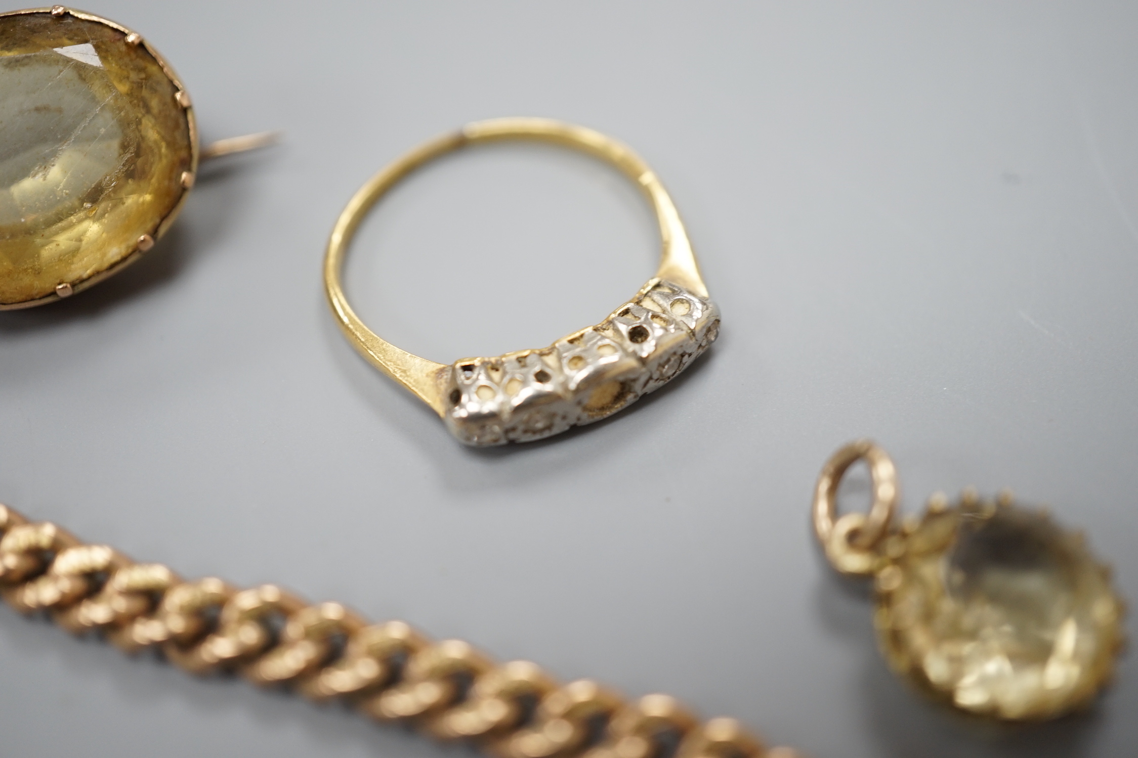 A 9ct gold curblink bracelet, 11.7 grams and three other items.
